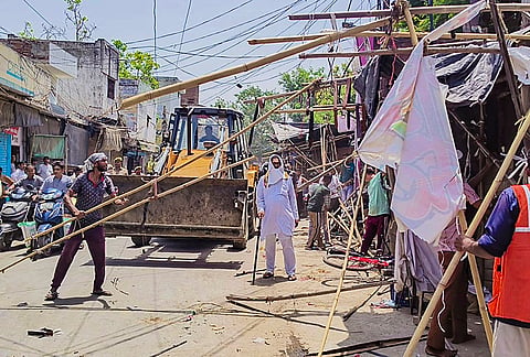 An anti-encroachment drive being conducted by City Magistrate to remove alleged illegal structures, in Sambhal, Uttar Pradesh.
