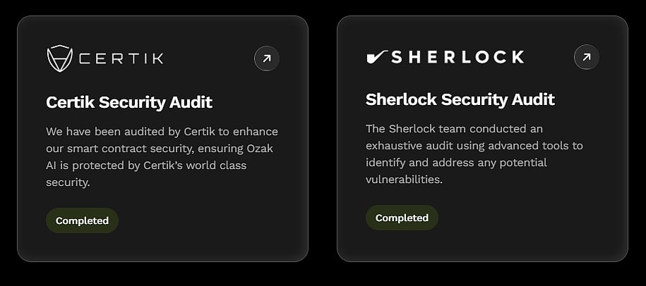 Two completed security audit cards for Certik and Sherlock platforms