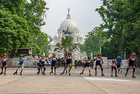 Students participate in skating sessions outside the Victoria Memorial, in Kolkata, West Bengal.
