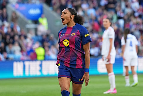 Barcelona's Salma Paralluelo celebrates after scoring her side's third goal during the Women's Champions League final soccer match between FC Barcelona and OL Lyonnes, in Oslo.