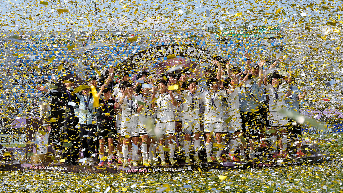 Naegohyang Women's FC's players celebrate on the podium after winning the AFC Women's Champions League soccer final match against Tokyo Verdy Beleza. - AP/Ahn Young-joon