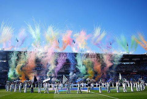 Pyrotechnics go off during a ceremony before the Women's Champions League final soccer match between FC Barcelona and OL Lyonnes, in Oslo.