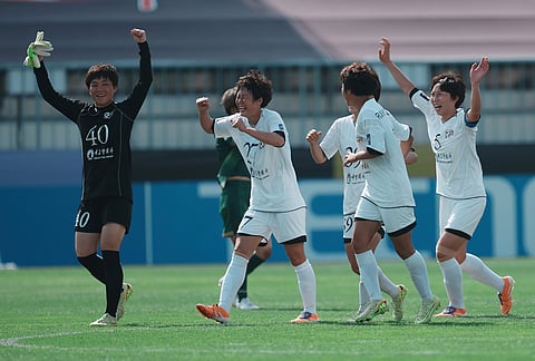 Naegohyang Women's FC's players celebrate after winning the AFC Women's Champions League soccer final match against Tokyo Verdy Beleza in Suwon, South Korea.