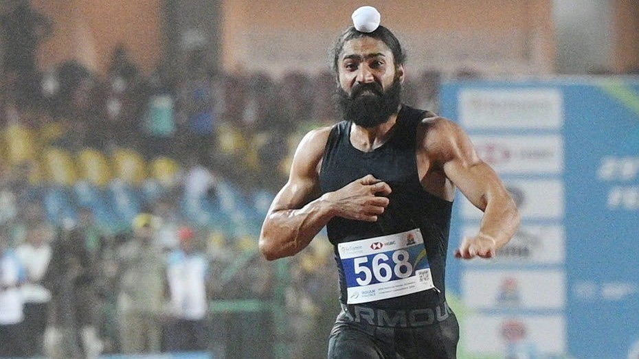 Gurindervir Singh in action during the men's 100m final race at the National Senior Federation Competition in Ranchi. - X/Athletics Federation of India