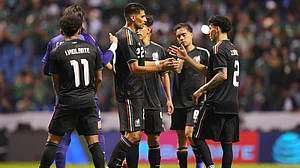 | Photo: AP/Fernando Llano : Mexico’s players celebrate after beating Ghana during an international friendly soccer match in Puebla, Mexico, Friday, May 22, 2026.