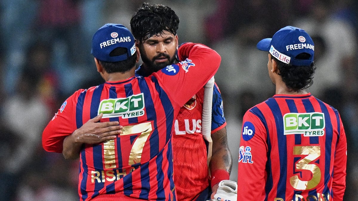(AP Photo) : Lucknow Super Giants' captain Rishabh Pant congratulates Punjab Kings' captain Shreyas Iyer, centre, after winning the Indian Premier League cricket match between Lucknow Super Giants and Punjab Kings, in Lucknow, India, Saturday, May 23, 2026