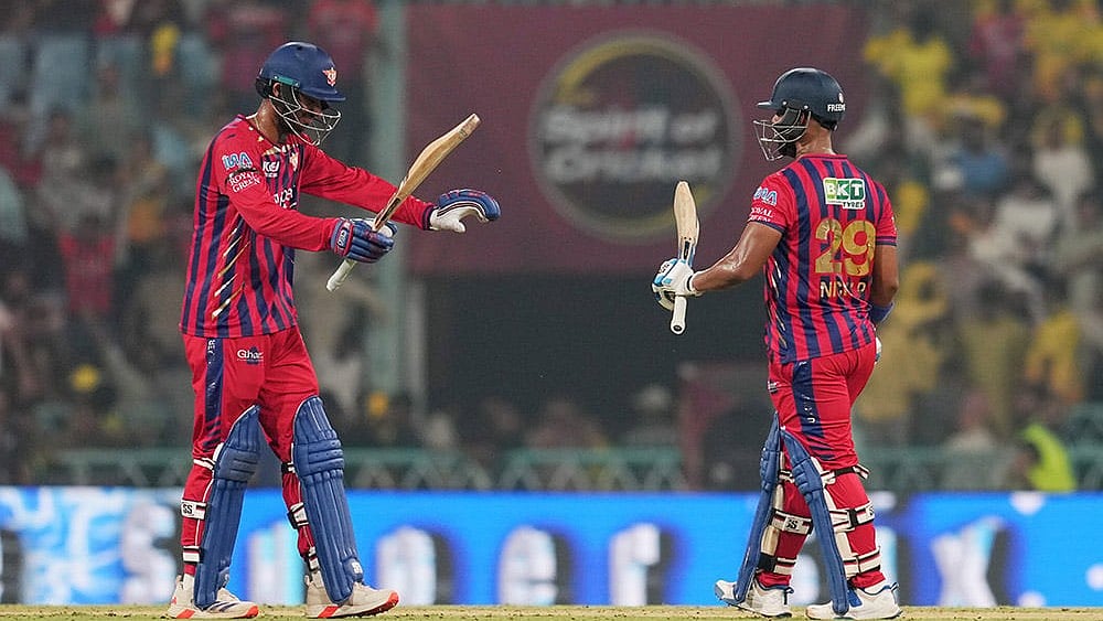 Lucknow Super Giants' Mukul Choudhary, left, and Nicholas Pooran celebrate after winning an Indian Premier League (IPL) 2026 T20 cricket match between Lucknow Super Giants and Chennai Super Kings, in Lucknow, Uttar Pradesh. - | Photo: PTI/Arun Sharma