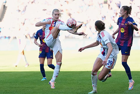 Lyonnes' Ada Hegerberg controls the ball during the Women's Champions League final soccer match between FC Barcelona and OL Lyonnes, in Oslo.