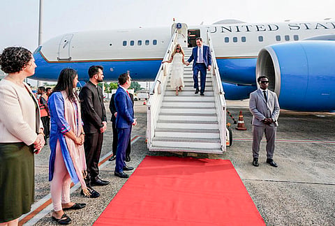 US Secretary of State Marco Rubio being welcomed by US Ambassador to India Sergio Gor ahead of the Quad Foreign Ministers' Meeting, in Kolkata. 