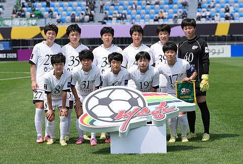 Naegohyang Women's FC's players pose for a team photo before the start of the AFC Women's Champions League soccer final match against Tokyo Verdy Beleza in Suwon, South Korea.