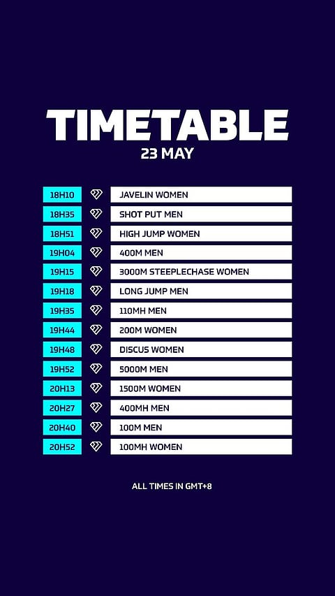 Diamond League Xiamen 2026 event timings.