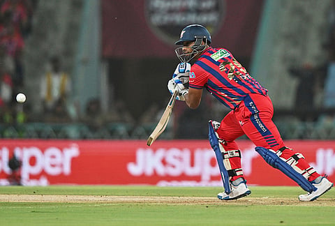 Lucknow Super Giants' Nicholas Pooran plays a shot during the Indian Premier League cricket match between Lucknow Super Giants and Punjab Kings, in Lucknow.
