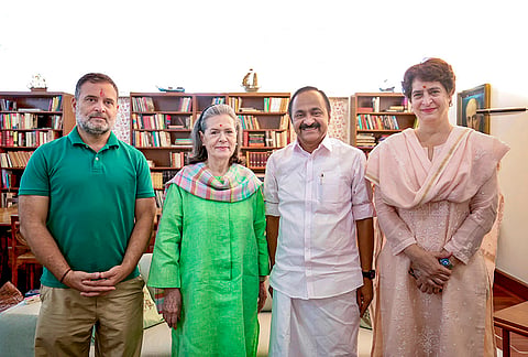 Congress Parliamentary Party (CPP) Chairperson Sonia Gandhi with party MP and Lok Sabha LoP Rahul Gandhi, party MP Priyanka Gandhi and Kerala Chief Minister VD Satheesan during a meeting as the latter visits New Delhi for the first time after assuming office. 