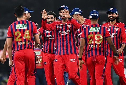 Lucknow Super Giants players celebrate the wicket of Punjab Kings' Priyansh Arya during the Indian Premier League cricket match between Lucknow Super Giants and Punjab Kings, in Lucknow.