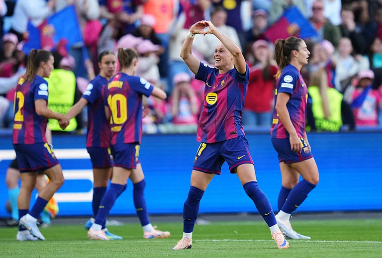 Barcelona's Ewa Pajor, celebrates after scoring the opening goal during the Women's Champions League final soccer match between FC Barcelona and OL Lyonnes, in Oslo. - | Photo: AP/Kirsty Wigglesworth