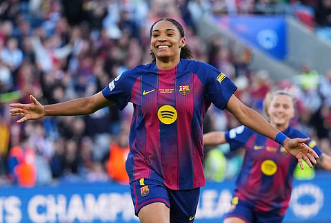 Barcelona's Salma Paralluelo celebrates after scoring her side's fourth goal during the Women's Champions League final soccer match between FC Barcelona and OL Lyonnes, in Oslo.