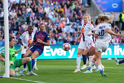 Lyonnes' Lindsey Heaps scores a goal afterwards disallowed for offside during the Women's Champions League final soccer match between FC Barcelona and OL Lyonnes, in Oslo.