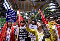 | Photo: PTI : All India Students Association (AISA) activists stage a protest at the Patna University (PU) Senate meeting over various demands, in Patna, Bihar.