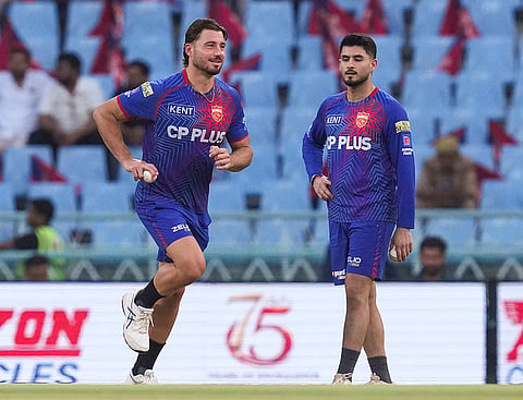 Punjab Kings' Marcus Stoinis, left, and Nehal Wadhera warm-up before an Indian Premier League (IPL) 2026 T20 cricket match between Lucknow Super Giants and Punjab Kings, in Lucknow, Uttar Pradesh.