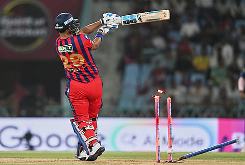 Lucknow Super Giants' Nicholas Pooran bowled out by Punjab Kings' Marco Jansen during the Indian Premier League cricket match between Lucknow Super Giants and Punjab Kings, in Lucknow.