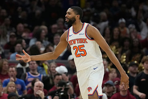 New York Knicks guard Mikal Bridges celebrates after a 3-pointer during the second half of Game 3 in the Eastern Conference finals NBA basketball playoffs series against the Cleveland Cavaliers in Cleveland.