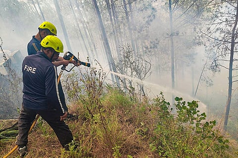 Firefighters attempt to douse a forest fire during an operation, in Almora district, Uttarakhand.