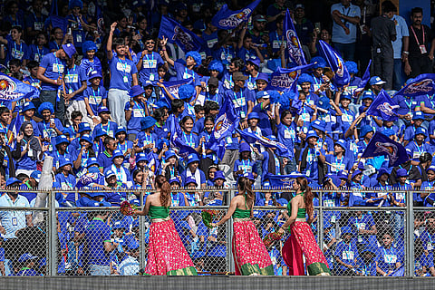 Cheerleaders perform during an Indian Premier League (IPL) 2026 T20 cricket match between Mumbai Indians and Rajasthan Royals, in Mumbai, Maharashtra.