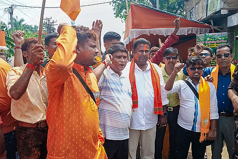 South 24 Parganas: BJP supporters celebrate outside a counting centre, at Falta, in South 24 Parganas district, West Bengal, Sunday, May 24, 2026. BJP candidate Debangshu Panda was leading after several rounds of counting in the repoll to the Falta assembly constituency.