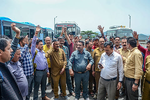 Shimla: Haryana Road Transport Commission (HRTC) drivers and conductors stage a protest over the assault on a HRTC bus driver, in Shimla, Himachal Pradesh,