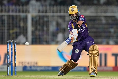 Kolkata Knight Riders' captain Ajinkya Rahane plays a shot during the Indian Premier League cricket match between Delhi Capitals and Kolkata Knight Riders, in Kolkata, India.