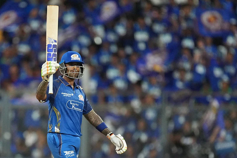 Mumbai Indians Suryakumar Yadav celebrates his fifty runs