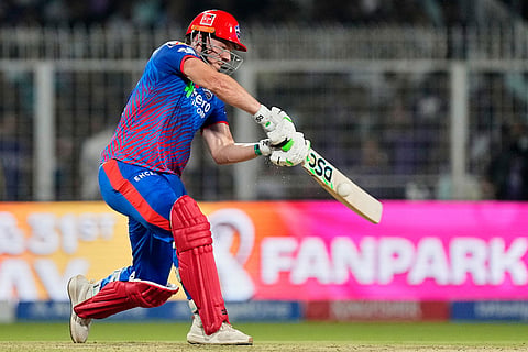 Delhi Capitals' David Miller plays a shot during the Indian Premier League cricket match between Delhi Capitals and Kolkata Knight Riders, in Kolkata, India.