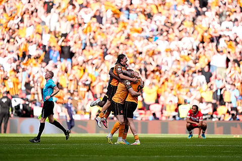 Hull City's Oliver McBurnie and team-mates celebrate winning promotion to the Premier League following the Championship play-off final between Hull City and Middlesbrough at Wembley Stadium, London.