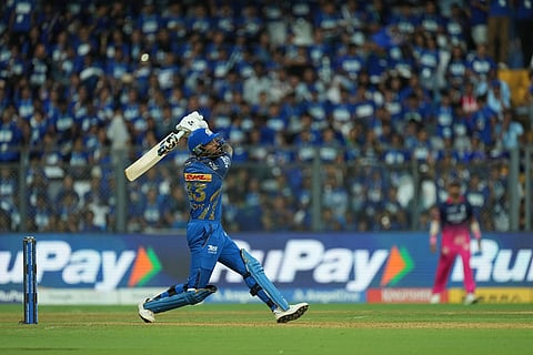 Mumbai Indians' captain Hardik Pandya plays a shot during the Indian Premier League cricket match between Mumbai Indians and Rajasthan Royals in Mumbai, India.