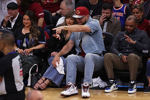 Taylor Swift and Travis Kelce watch the second half of Game 3 in the Eastern Conference finals NBA basketball playoffs series between the New York Knicks and the Cleveland Cavaliers in Cleveland.