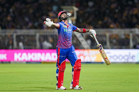 Delhi Capitals' KL Rahul reacts after his dismissal by Kolkata Knight Riders' Anukul Roy during an Indian Premier League (IPL) 2026 T20 cricket match between Kolkata Knight Riders and Delhi Capitals, in Kolkata, West Bengal,.