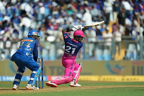 Rajasthan Royals' Dhruv Jurel plays a shot during the Indian Premier League cricket match between Mumbai Indians and Rajasthan Royals in Mumbai, India.
