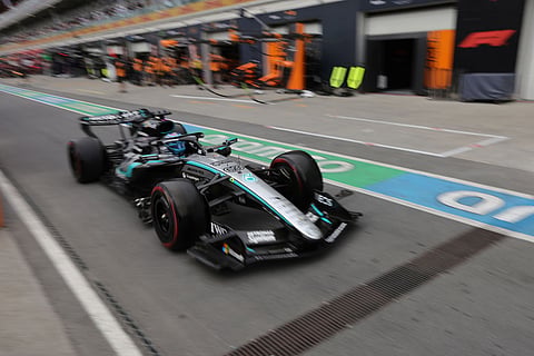 Mercedes driver George Russell drives out of the pits during the qualifying session at the F1 Canadian Grand Prix auto race in Montreal.