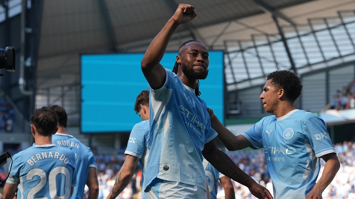 Manchester City's Antoine Semenyo celebrates after scoring during a Premier League soccer match between Manchester City and Aston Villa in Manchester, England, Sunday, May 24, 2026 - (AP Photo/Alastair Grant)