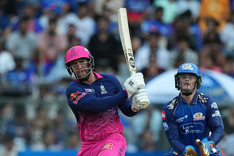Rajasthan Royals' Donovan Ferreira hits a six during the Indian Premier League cricket match between Mumbai Indians and Rajasthan Royals in Mumbai, India.