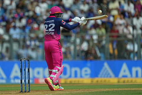 Rajasthan Royals' Jofra Archer plays a shot during the Indian Premier League cricket match between Mumbai Indians and Rajasthan Royals in Mumbai, India.