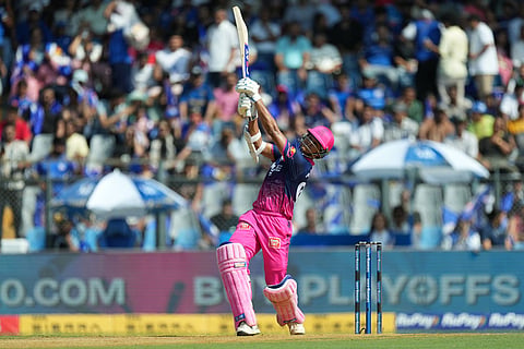 Rajasthan Royals' Yashasvi Jaiswal hits a six during the Indian Premier League cricket match between Mumbai Indians and Rajasthan Royals in Mumbai, India.