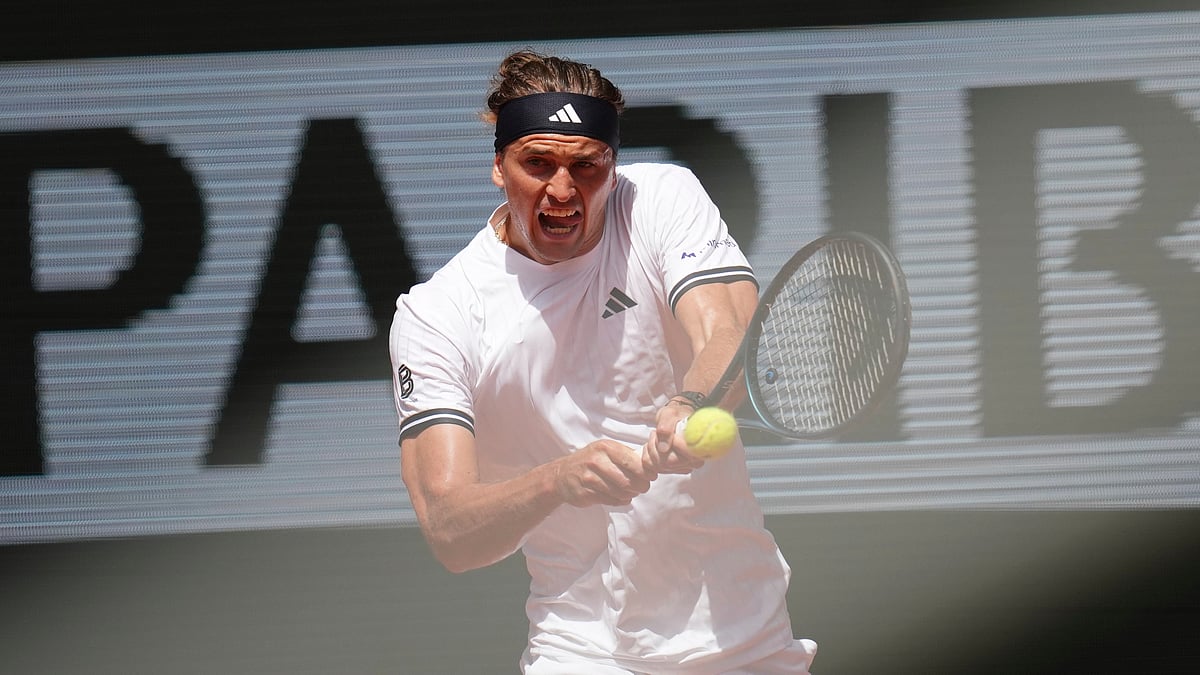 Alexander Zverev of Germany returns to Benjamin Bonzi of France during their first round men's singles tennis match at the French Open tennis tournament in Paris, Sunday, May 24, 2026. - (AP Photo/Christophe Ena)