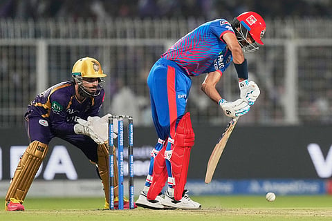 Delhi Capitals' captain Axar Patel plays a shot during the Indian Premier League cricket match between Delhi Capitals and Kolkata Knight Riders, in Kolkata, India.