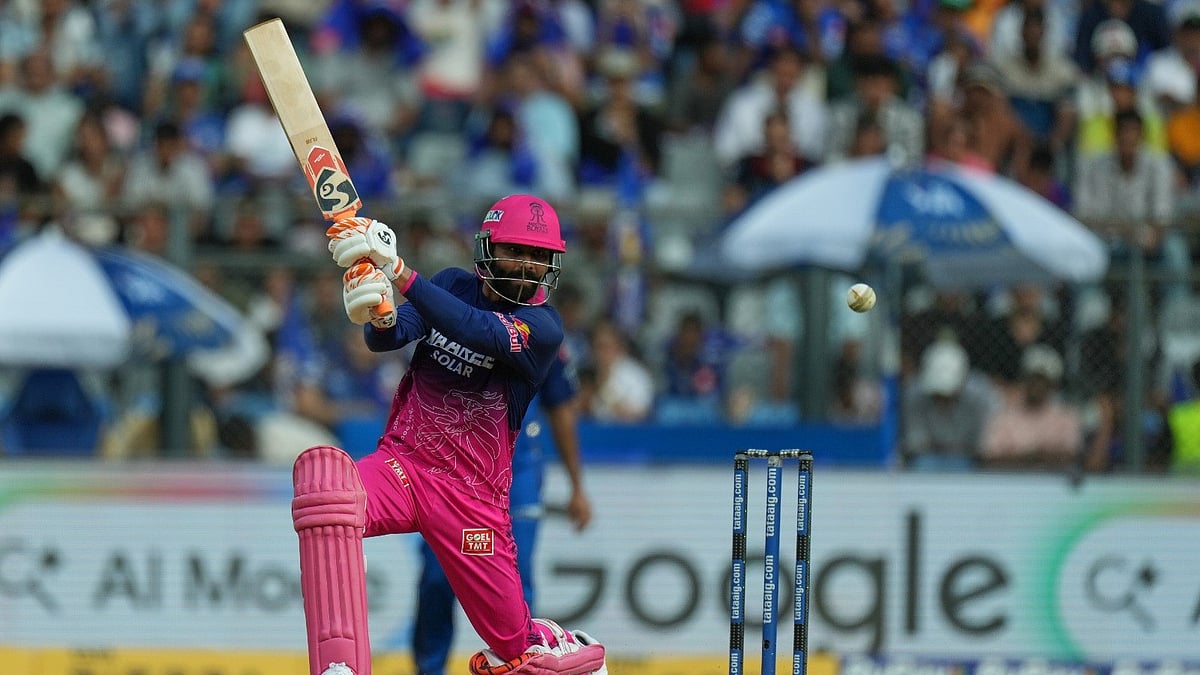 Rajasthan Royals' Ravindra Jadeja plays a shot during the Indian Premier League cricket match between Mumbai Indians and Rajasthan Royals in Mumbai, India, Sunday, May 24, 2026. - AP Photo/Ajit Solanki