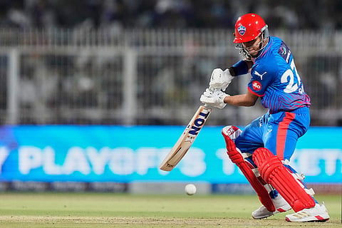 Delhi Capitals' Sahil Parakh plays a shot during the Indian Premier League cricket match between Delhi Capitals and Kolkata Knight Riders, in Kolkata, India.