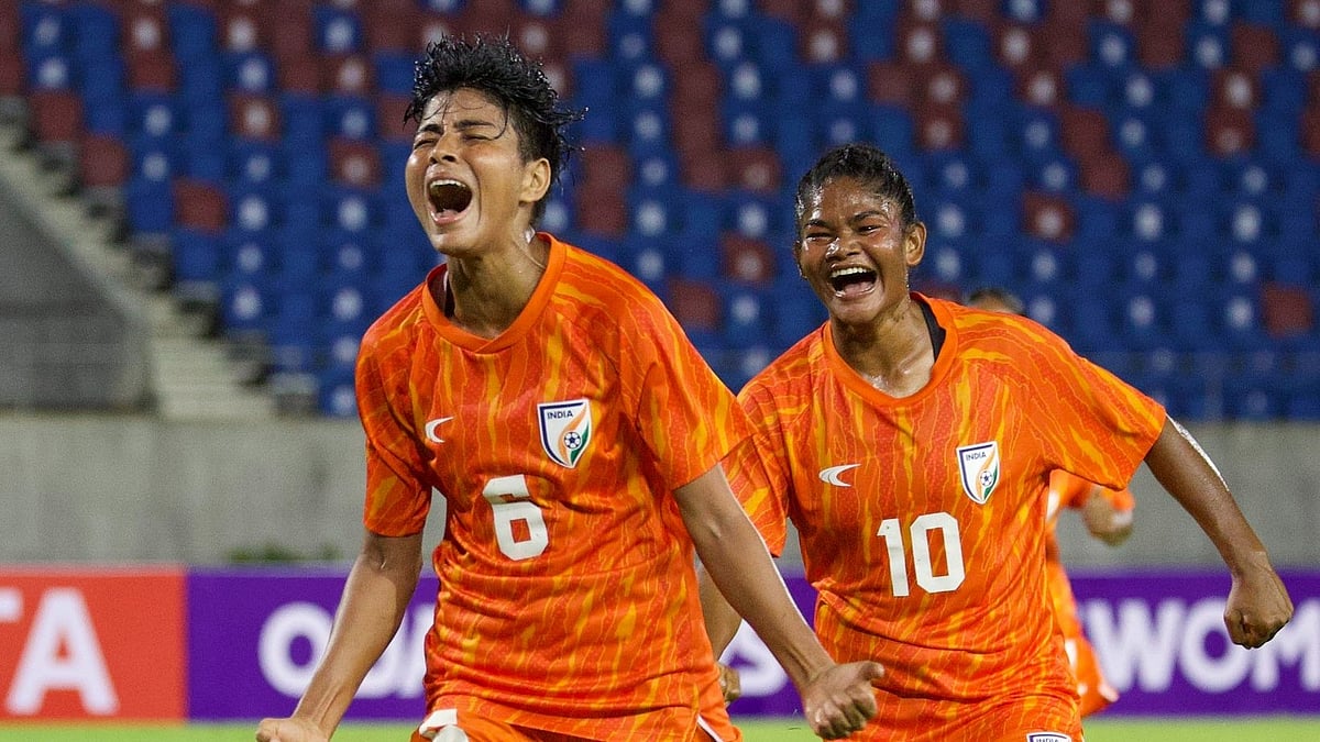 India women's national team players celebrating a goal. - | Photo: X/IndianFootball