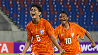| Photo: X/IndianFootball : India women's national team players celebrating a goal.