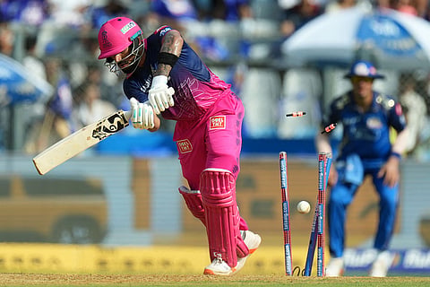 Rajasthan Royals' Dhruv Jurel bowled out by Mumbai Indians' Corbin Bosch during the Indian Premier League cricket match between Mumbai Indians and Rajasthan Royals in Mumbai, India,.