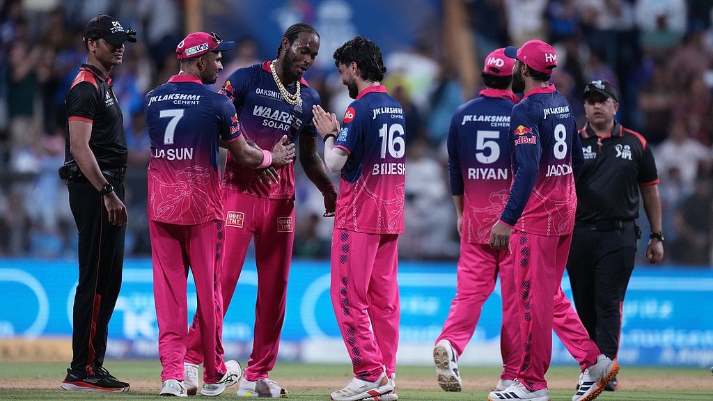 Brijesh Sharma, third from left, and Jofra Archer celebrate after Rajasthan Royals' win in their Indian Premier League match against Mumbai Indians in Mumbai. - AP/Ajit Solanki